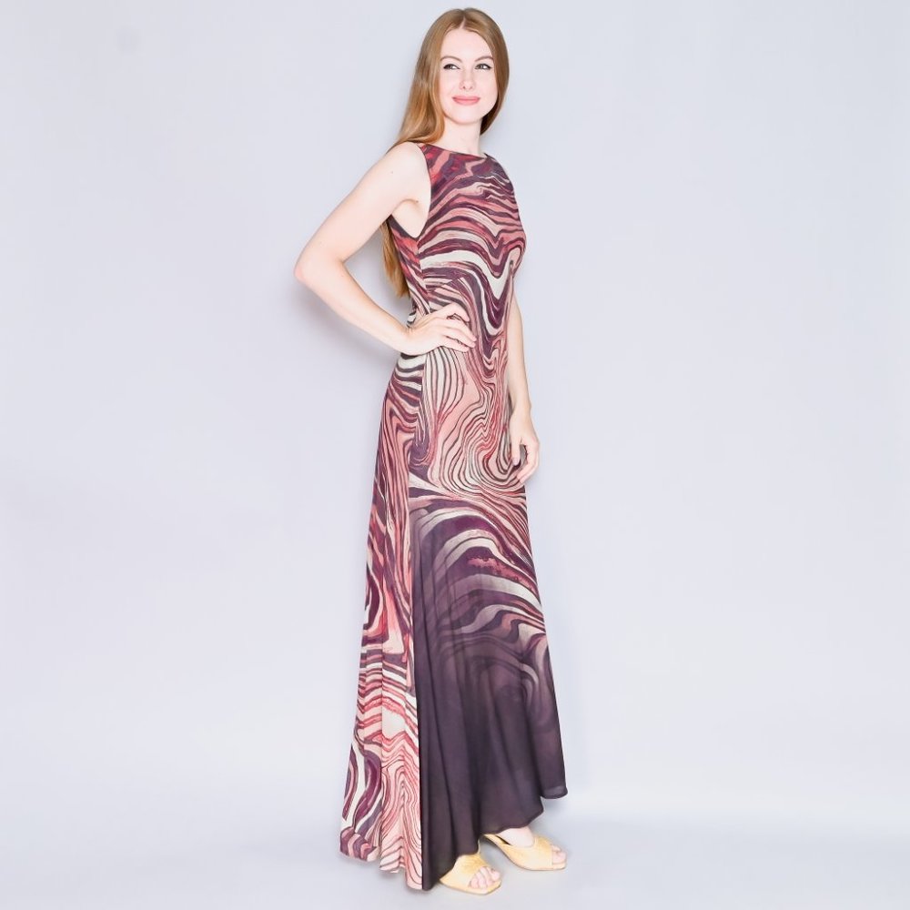 VINTAGE Unique 90s Swirly Stripes Geode Sleeveless Maxi Dress - Picture 3 of 8